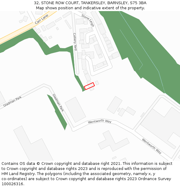 32, STONE ROW COURT, TANKERSLEY, BARNSLEY, S75 3BA: Location map and indicative extent of plot