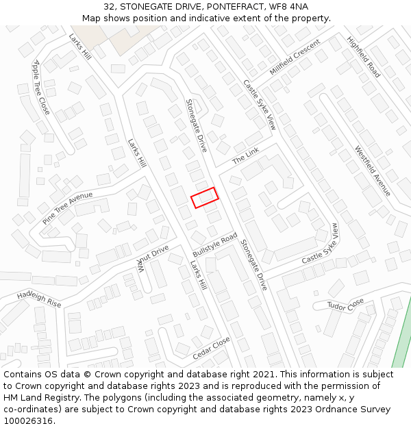 32, STONEGATE DRIVE, PONTEFRACT, WF8 4NA: Location map and indicative extent of plot