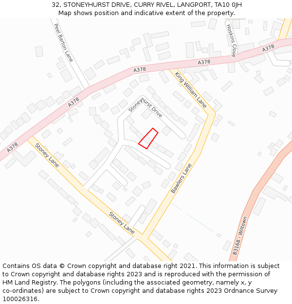 32, STONEYHURST DRIVE, CURRY RIVEL, LANGPORT, TA10 0JH: Location map and indicative extent of plot