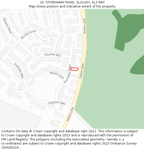 32, STORNAWAY ROAD, SLOUGH, SL3 8WY: Location map and indicative extent of plot
