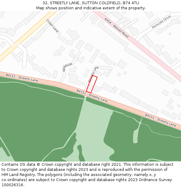 32, STREETLY LANE, SUTTON COLDFIELD, B74 4TU: Location map and indicative extent of plot