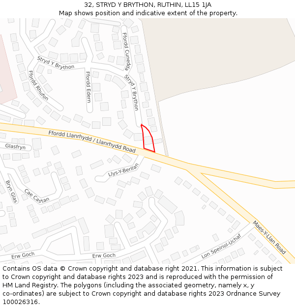 32, STRYD Y BRYTHON, RUTHIN, LL15 1JA: Location map and indicative extent of plot