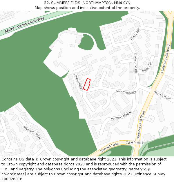 32, SUMMERFIELDS, NORTHAMPTON, NN4 9YN: Location map and indicative extent of plot