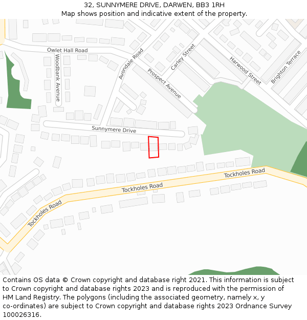 32, SUNNYMERE DRIVE, DARWEN, BB3 1RH: Location map and indicative extent of plot