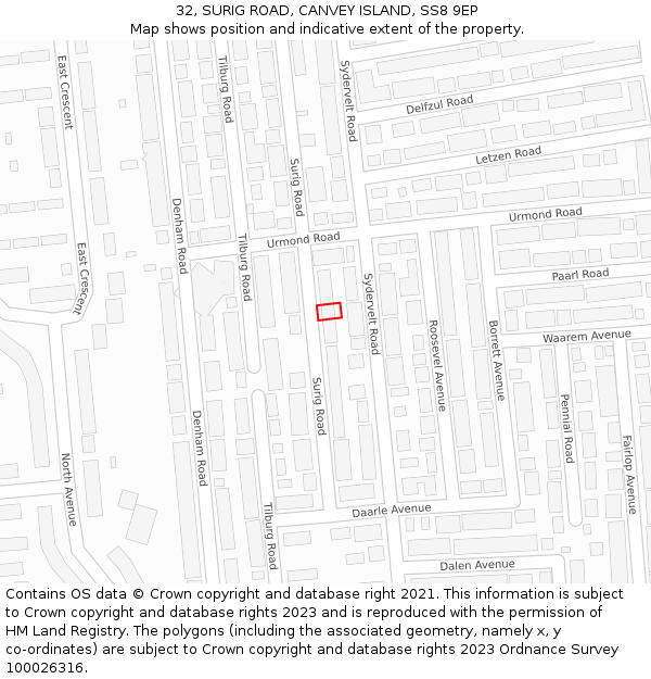 32, SURIG ROAD, CANVEY ISLAND, SS8 9EP: Location map and indicative extent of plot