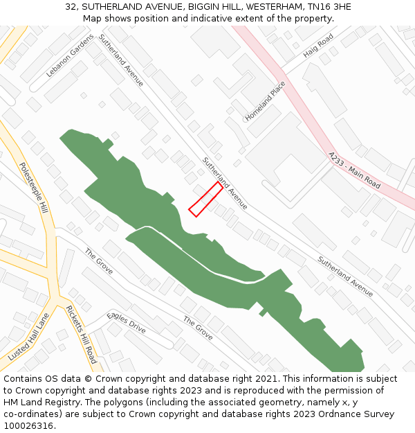 32, SUTHERLAND AVENUE, BIGGIN HILL, WESTERHAM, TN16 3HE: Location map and indicative extent of plot