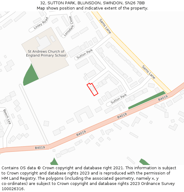 32, SUTTON PARK, BLUNSDON, SWINDON, SN26 7BB: Location map and indicative extent of plot