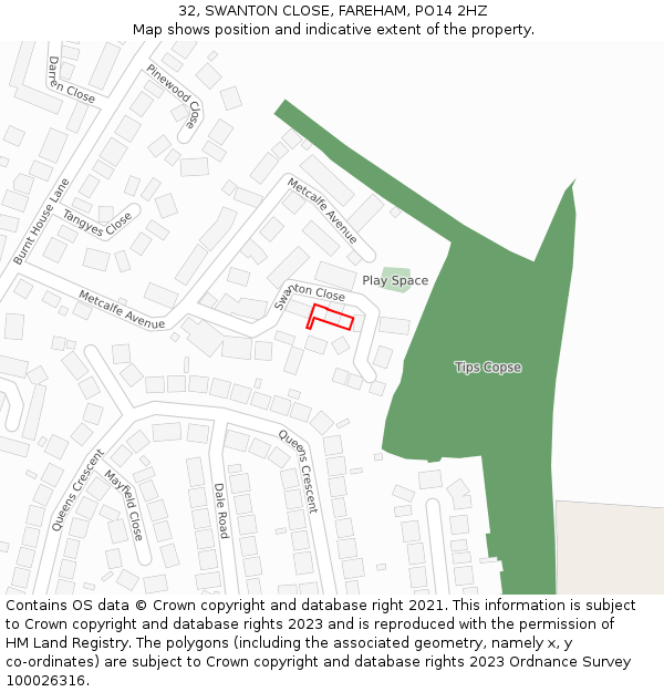 32, SWANTON CLOSE, FAREHAM, PO14 2HZ: Location map and indicative extent of plot