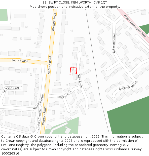 32, SWIFT CLOSE, KENILWORTH, CV8 1QT: Location map and indicative extent of plot