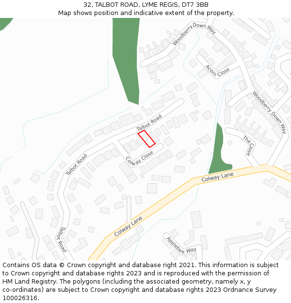 32, TALBOT ROAD, LYME REGIS, DT7 3BB: Location map and indicative extent of plot
