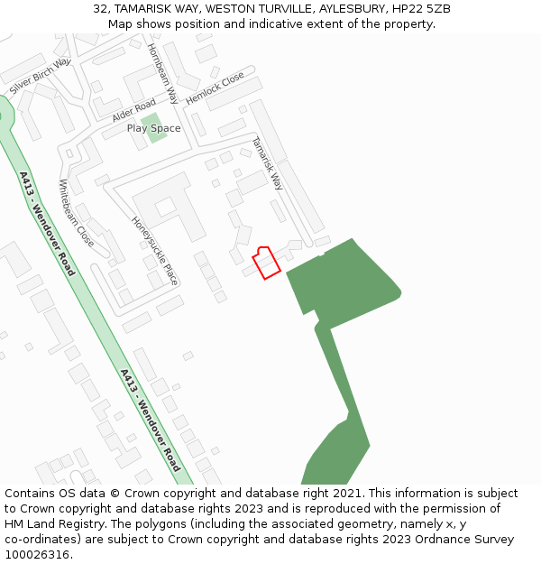 32, TAMARISK WAY, WESTON TURVILLE, AYLESBURY, HP22 5ZB: Location map and indicative extent of plot