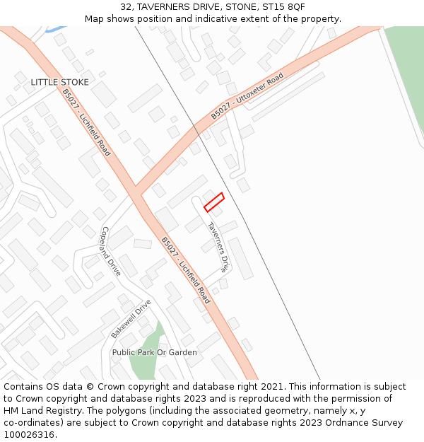 32, TAVERNERS DRIVE, STONE, ST15 8QF: Location map and indicative extent of plot