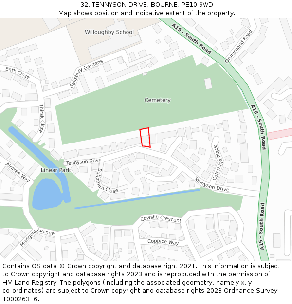 32, TENNYSON DRIVE, BOURNE, PE10 9WD: Location map and indicative extent of plot