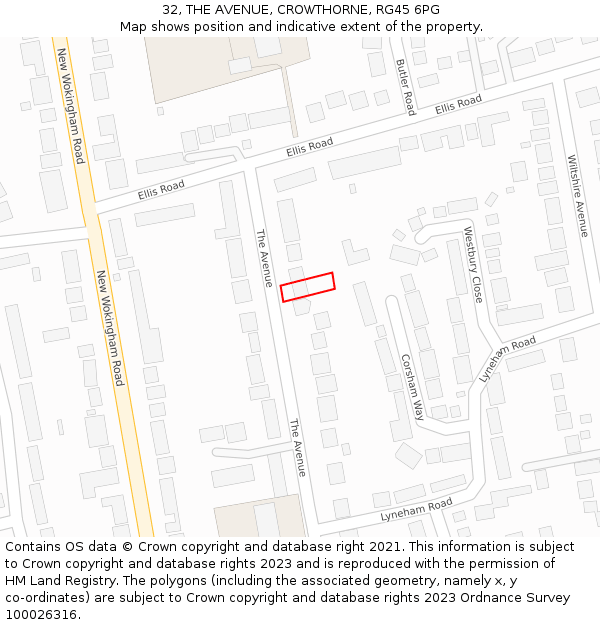 32, THE AVENUE, CROWTHORNE, RG45 6PG: Location map and indicative extent of plot