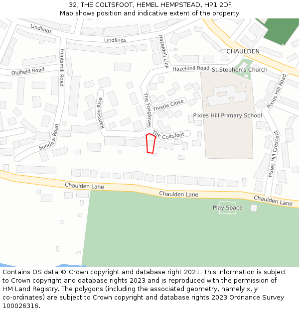32, THE COLTSFOOT, HEMEL HEMPSTEAD, HP1 2DF: Location map and indicative extent of plot