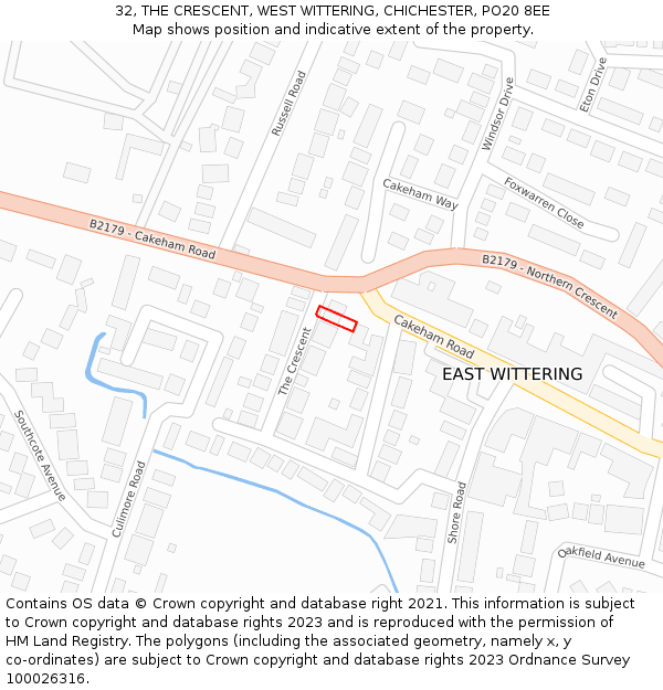 32, THE CRESCENT, WEST WITTERING, CHICHESTER, PO20 8EE: Location map and indicative extent of plot