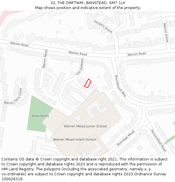 32, THE DRIFTWAY, BANSTEAD, SM7 1LX: Location map and indicative extent of plot