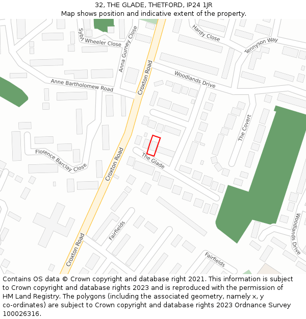 32, THE GLADE, THETFORD, IP24 1JR: Location map and indicative extent of plot