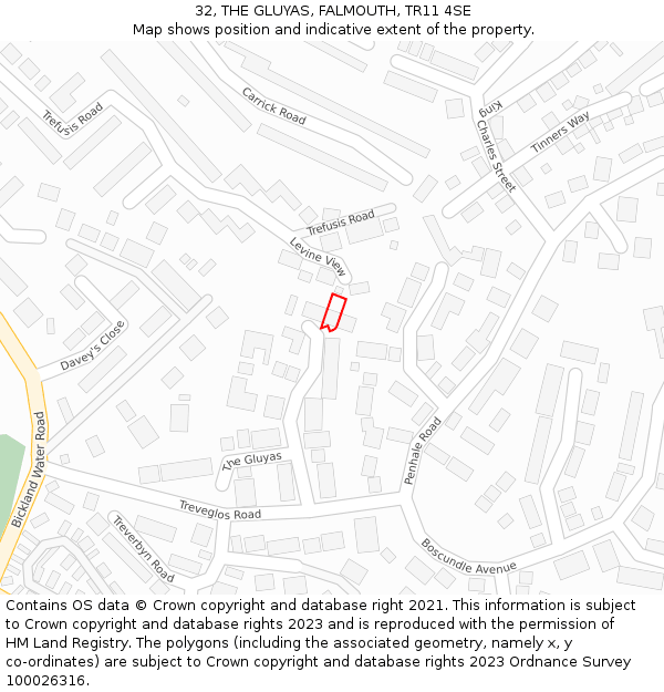 32, THE GLUYAS, FALMOUTH, TR11 4SE: Location map and indicative extent of plot