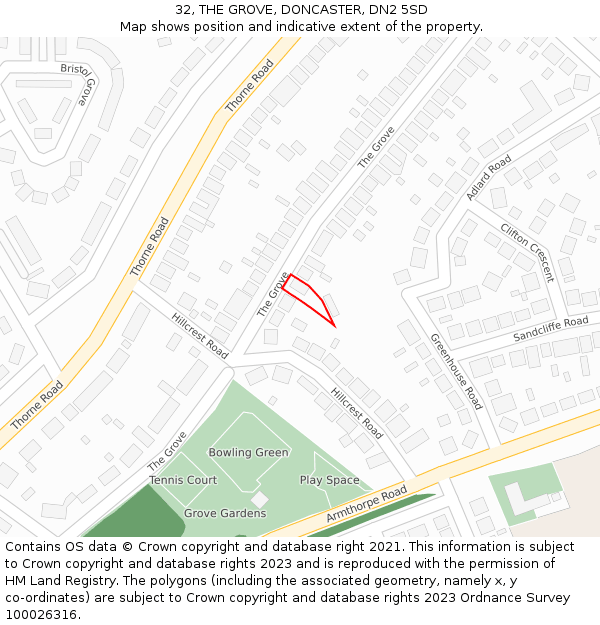 32, THE GROVE, DONCASTER, DN2 5SD: Location map and indicative extent of plot