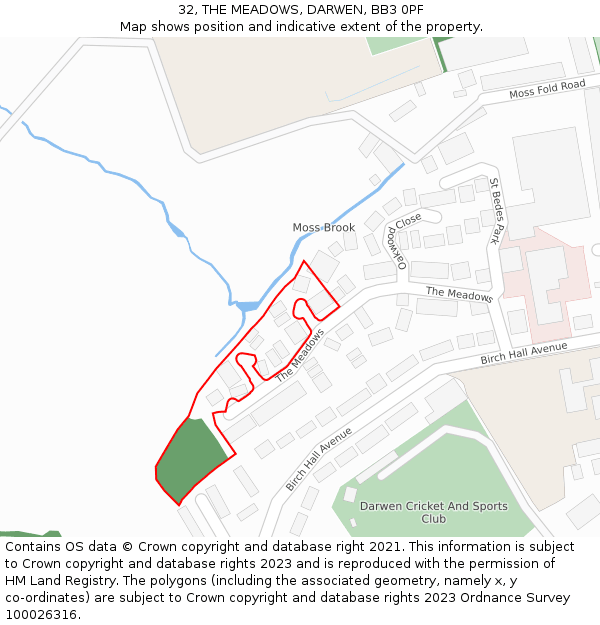32, THE MEADOWS, DARWEN, BB3 0PF: Location map and indicative extent of plot