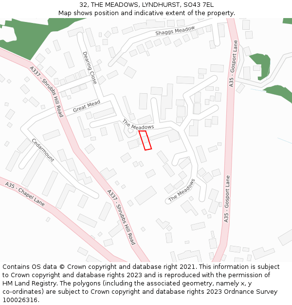 32, THE MEADOWS, LYNDHURST, SO43 7EL: Location map and indicative extent of plot