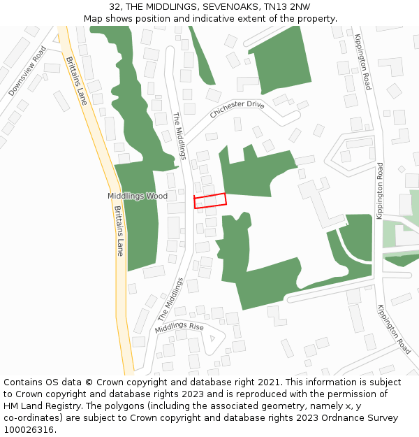 32, THE MIDDLINGS, SEVENOAKS, TN13 2NW: Location map and indicative extent of plot