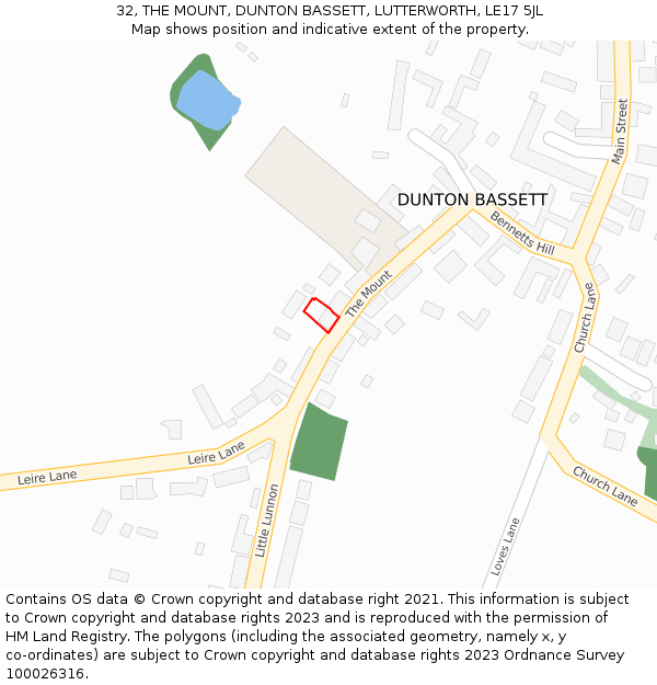 32, THE MOUNT, DUNTON BASSETT, LUTTERWORTH, LE17 5JL: Location map and indicative extent of plot