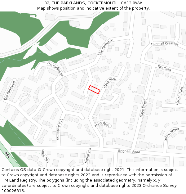 32, THE PARKLANDS, COCKERMOUTH, CA13 0WW: Location map and indicative extent of plot