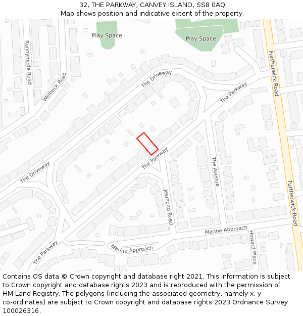 32, THE PARKWAY, CANVEY ISLAND, SS8 0AQ: Location map and indicative extent of plot