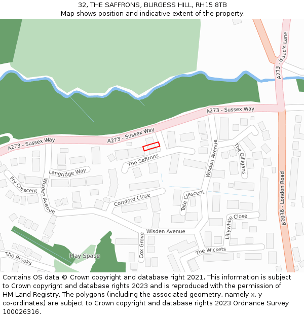 32, THE SAFFRONS, BURGESS HILL, RH15 8TB: Location map and indicative extent of plot