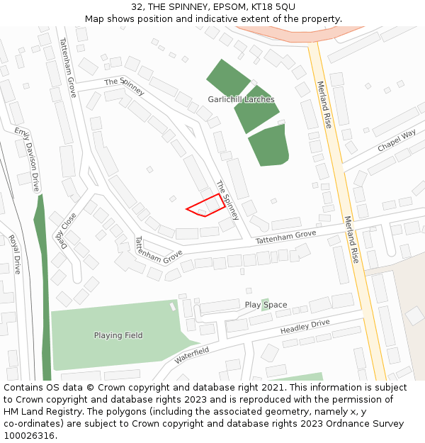 32, THE SPINNEY, EPSOM, KT18 5QU: Location map and indicative extent of plot