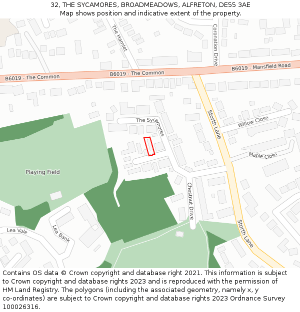 32, THE SYCAMORES, BROADMEADOWS, ALFRETON, DE55 3AE: Location map and indicative extent of plot