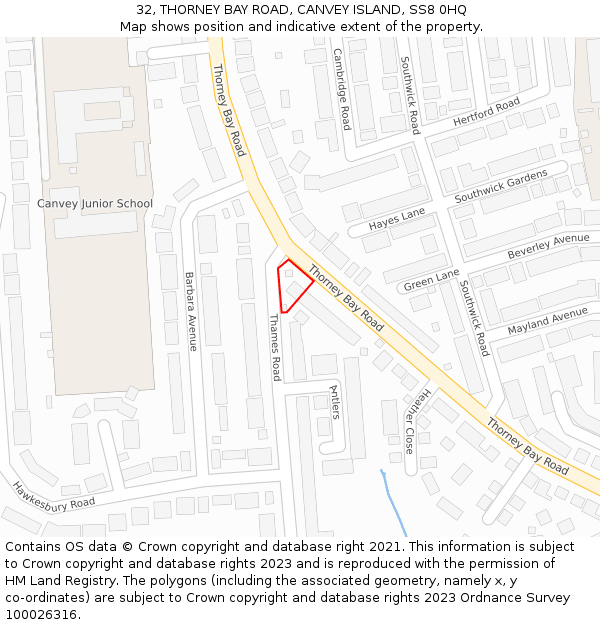 32, THORNEY BAY ROAD, CANVEY ISLAND, SS8 0HQ: Location map and indicative extent of plot