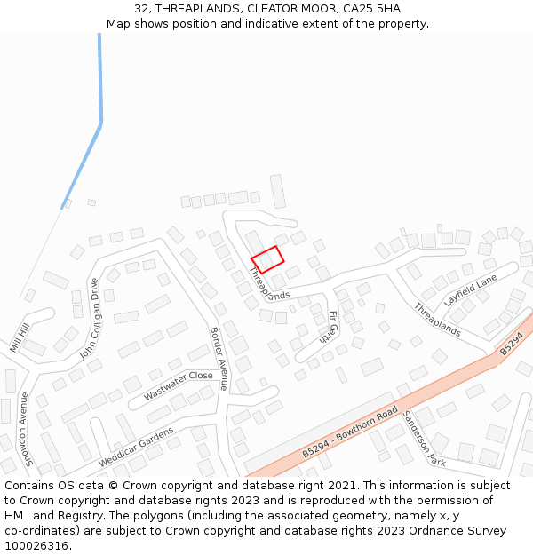 32, THREAPLANDS, CLEATOR MOOR, CA25 5HA: Location map and indicative extent of plot