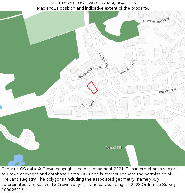 32, TIFFANY CLOSE, WOKINGHAM, RG41 3BN: Location map and indicative extent of plot