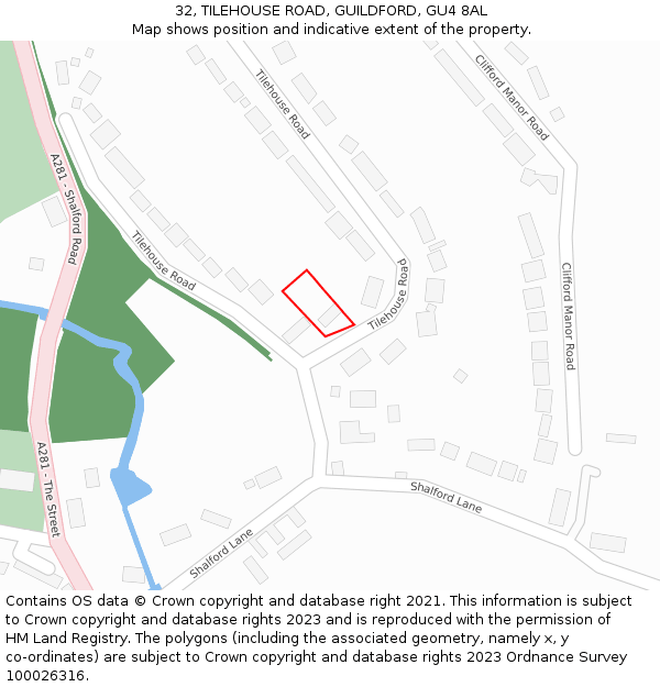 32, TILEHOUSE ROAD, GUILDFORD, GU4 8AL: Location map and indicative extent of plot