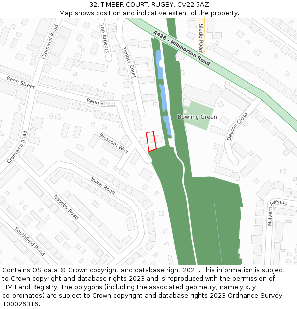 32, TIMBER COURT, RUGBY, CV22 5AZ: Location map and indicative extent of plot