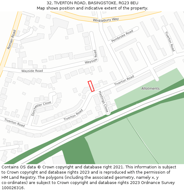 32, TIVERTON ROAD, BASINGSTOKE, RG23 8EU: Location map and indicative extent of plot