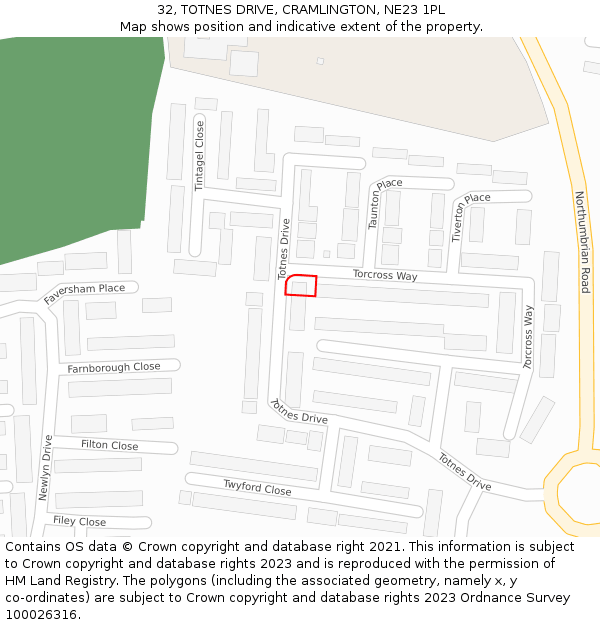 32, TOTNES DRIVE, CRAMLINGTON, NE23 1PL: Location map and indicative extent of plot