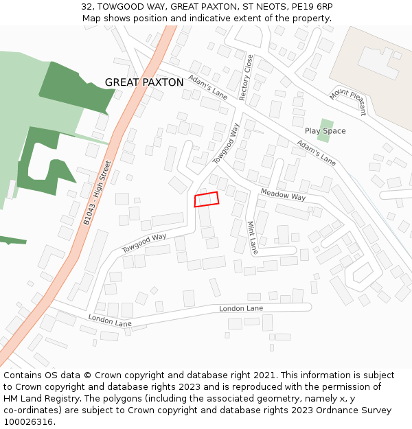 32, TOWGOOD WAY, GREAT PAXTON, ST NEOTS, PE19 6RP: Location map and indicative extent of plot