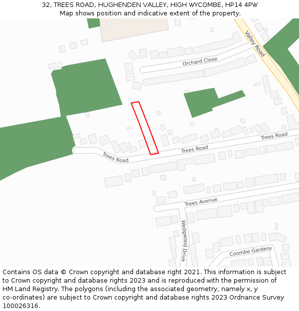 32, TREES ROAD, HUGHENDEN VALLEY, HIGH WYCOMBE, HP14 4PW: Location map and indicative extent of plot