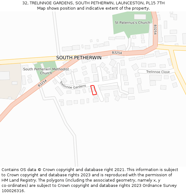 32, TRELINNOE GARDENS, SOUTH PETHERWIN, LAUNCESTON, PL15 7TH: Location map and indicative extent of plot