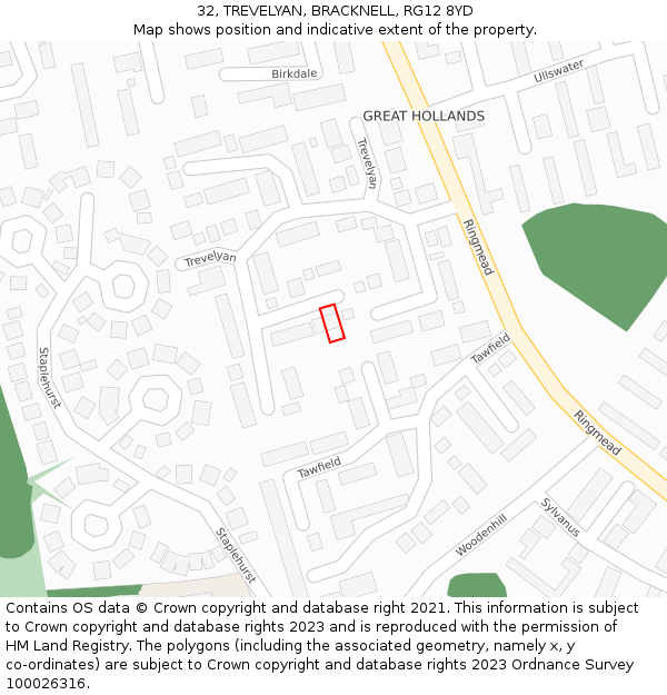 32, TREVELYAN, BRACKNELL, RG12 8YD: Location map and indicative extent of plot