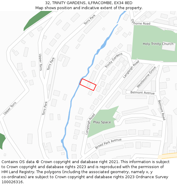 32, TRINITY GARDENS, ILFRACOMBE, EX34 8ED: Location map and indicative extent of plot