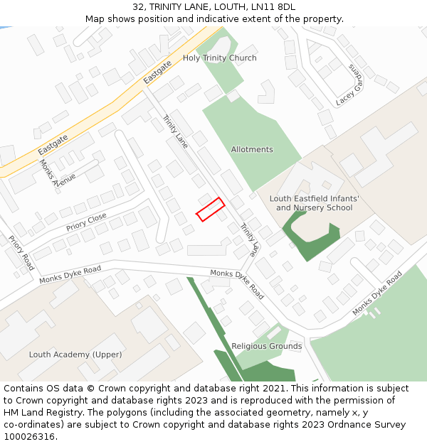 32, TRINITY LANE, LOUTH, LN11 8DL: Location map and indicative extent of plot