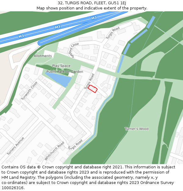 32, TURGIS ROAD, FLEET, GU51 1EJ: Location map and indicative extent of plot