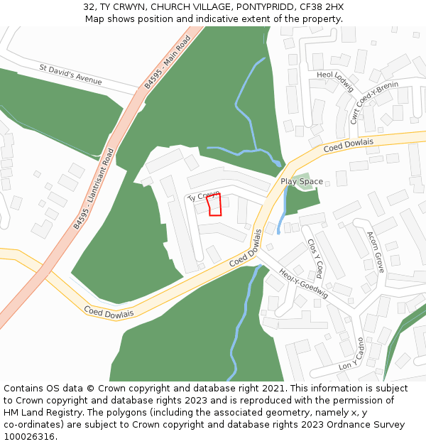32, TY CRWYN, CHURCH VILLAGE, PONTYPRIDD, CF38 2HX: Location map and indicative extent of plot