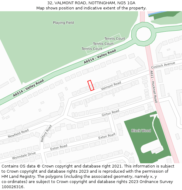 32, VALMONT ROAD, NOTTINGHAM, NG5 1GA: Location map and indicative extent of plot