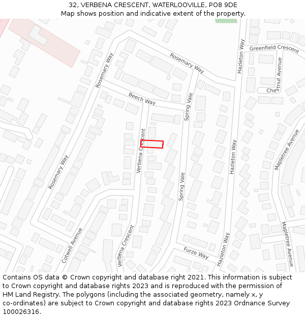 32, VERBENA CRESCENT, WATERLOOVILLE, PO8 9DE: Location map and indicative extent of plot